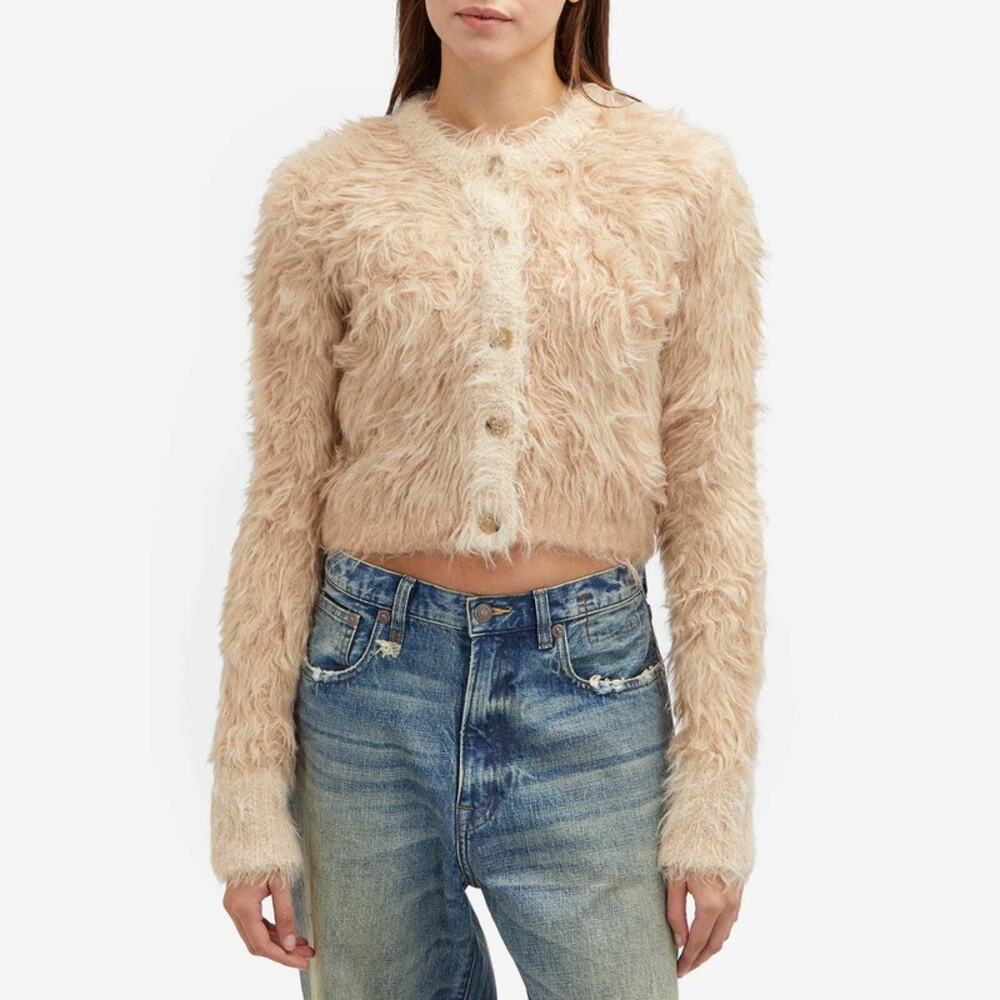 ACNE STUDIOS Kradi Textured Cardigan Faux Fur Chunky Knit Cropped Sweater Tan - Picture 14 of 16